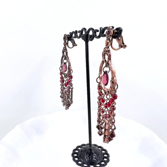 🎊HP🎊 NWOT - Dark Red Beaded Chandelier Style Copper Tone Clip-On 2.5” Earrings - Picture 2 of 6